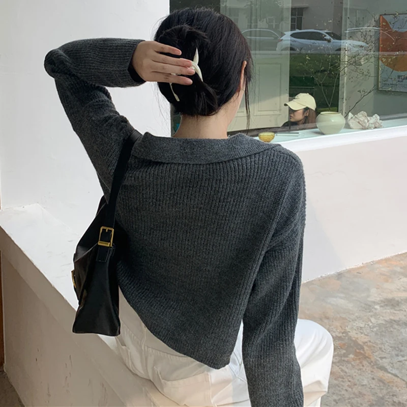 New Autumn and Winter Shorts Fashion Lapel Women's Long-sleeved Sweater Pocket Decoration Solid Color Elegant Blouse