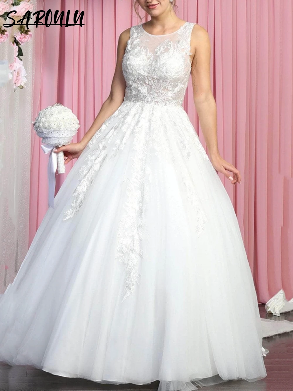 

Sleeveless Illusion Wedding Dresses For Woman Jewel Neckline Bride Dress Applique Bridal Gown Vestidos De Novia Robe De Mariée