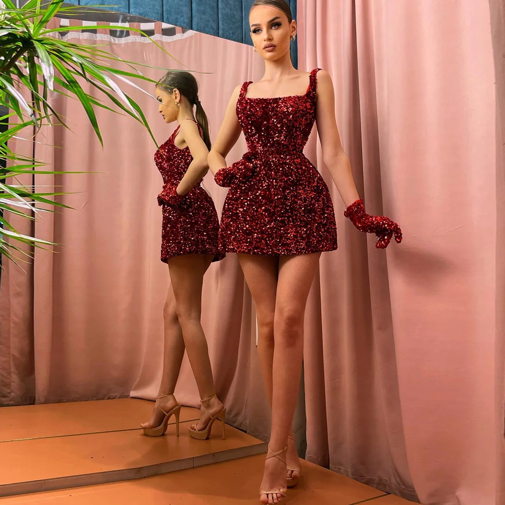 

Simple Burgundy Spaghetti Strap Cocktail Party Dresses Square Neck Sequined Prom Gowns Above Knee Length A-Line فساتين السهرة