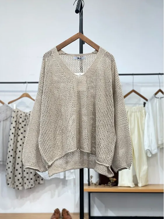 Spring 2025 Sweet V-Ne Hollow out Knitted Sweater Women's Breathable Loose Versatile Knitwear Casual Commute Sle Long Sve