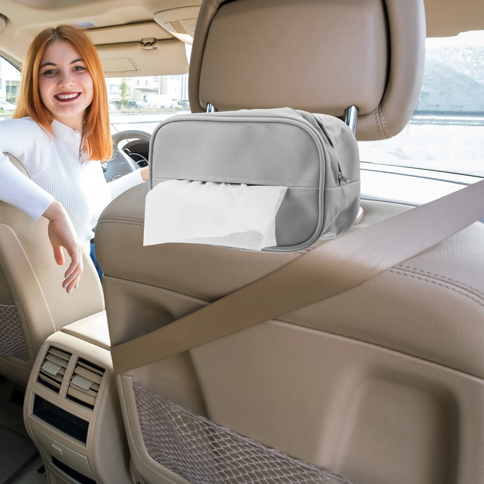 자동차 티슈 박스 홀더 PU 직사각형 8.6x5.5x2.4 인치 컵 홀더 팔걸이용 블랙 퀵 릴리스 버클 자동차용