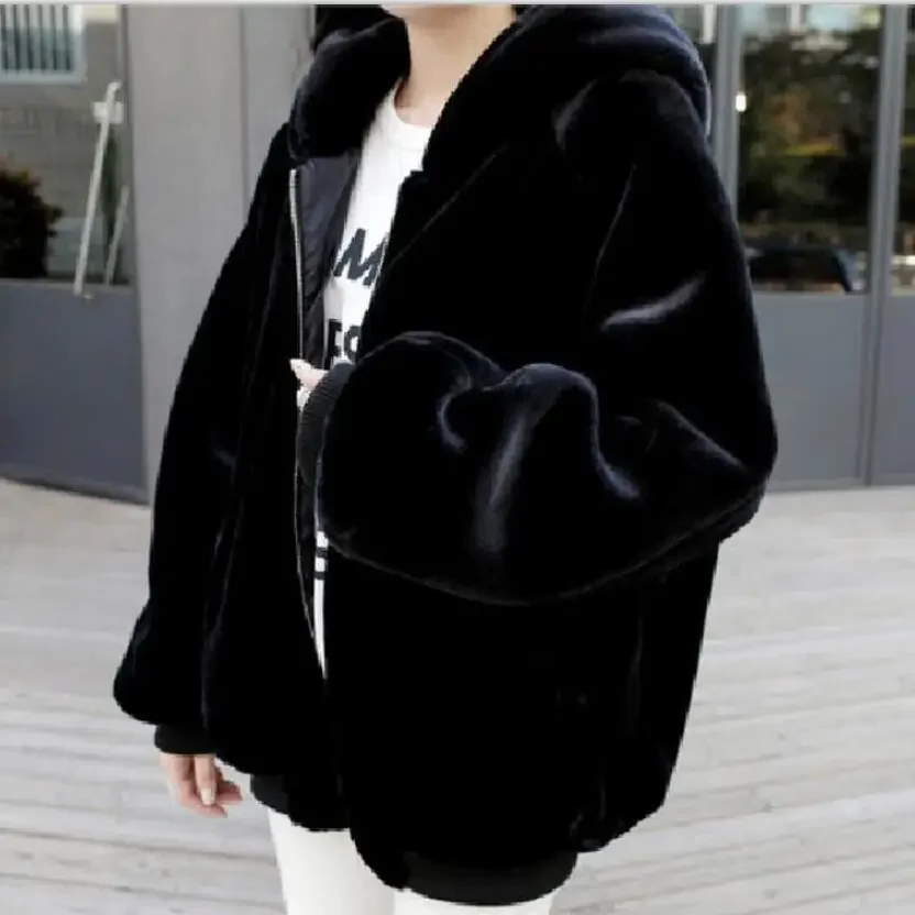 2023 Winter Women Fashion Faux Mink Coats Casual Hooded Zipper Black Warm Jackets Thick Faux Fur Overcoats Luxurious Plus Size