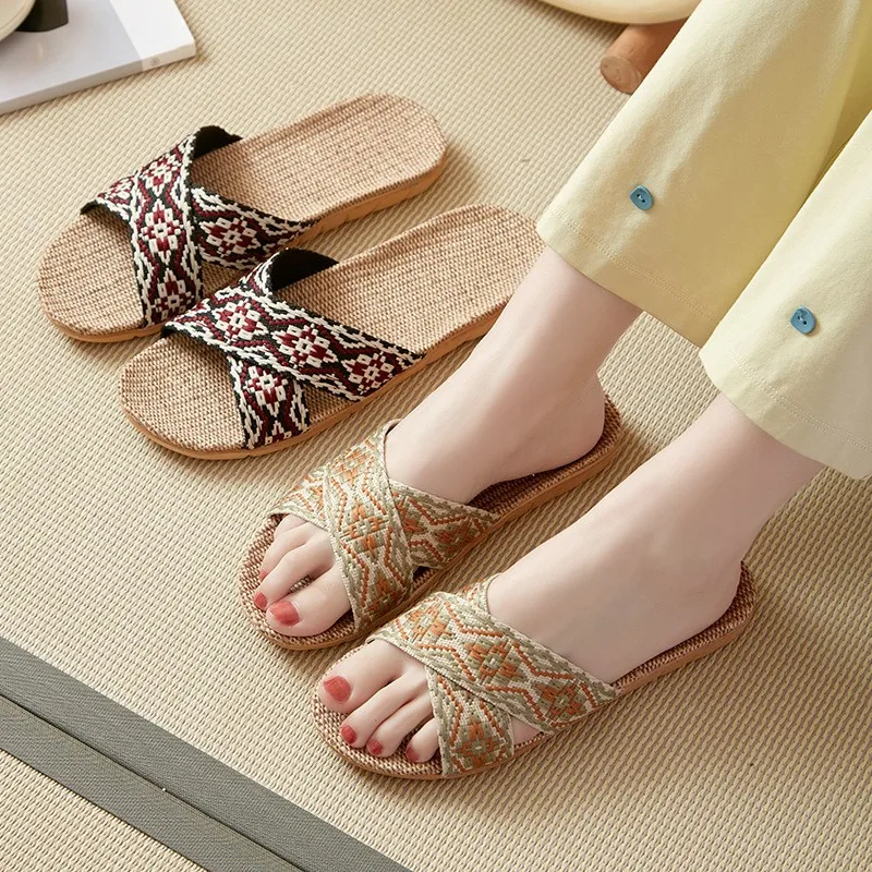 

Linen slippers for home use, couples, indoor wooden flooring, anti slip thick soled men's and women's summer sandals for home us