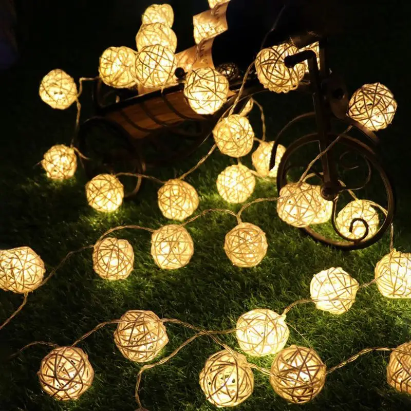 2M/6M/10M Rattan Ball String Light USB/Battery Box Party Christmas Wedding Holiday Light Home Garden Patio Party Fairy Light