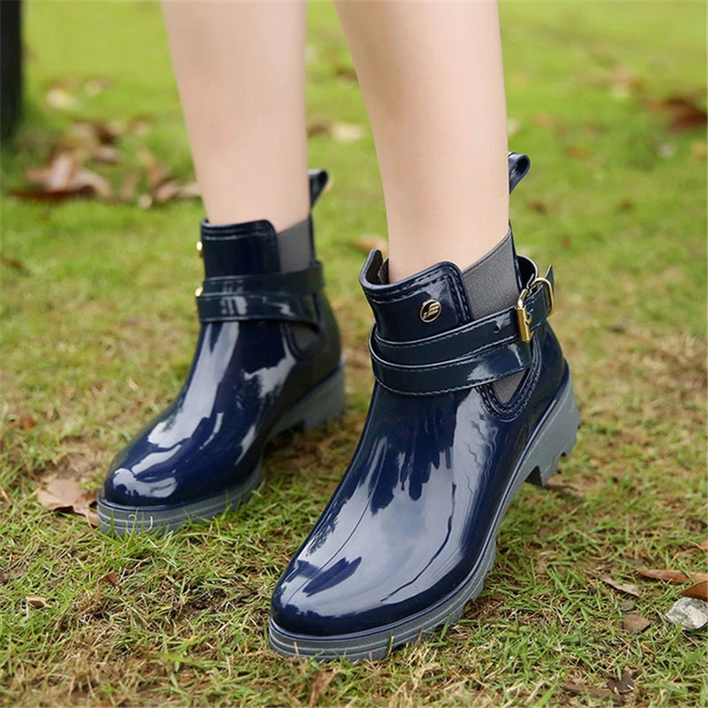 Rain Boots Women Leather Pu Ankle Bootie Waterproof Rubber Walking Shoes  Girls Fashion Ladies Winter Shoes for Outdoor Rainy Day