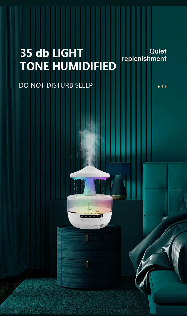 Description Picture 5 of itemRain Air Humidifiers Essential Oil Diffuser with Colors Mood Light Aroma Diffuser White Noise Raindrop Humidifier Home Bedroom
