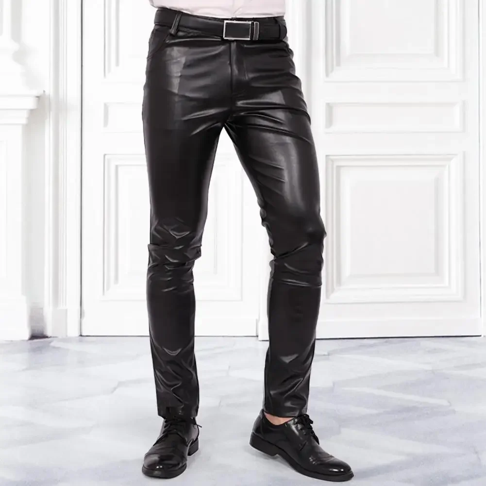 Men Faux Leather Pants Stylish Men's Faux Leather Pants Slim Fit Motorcycle Style Trousers with Pockets for Daily Wear Club