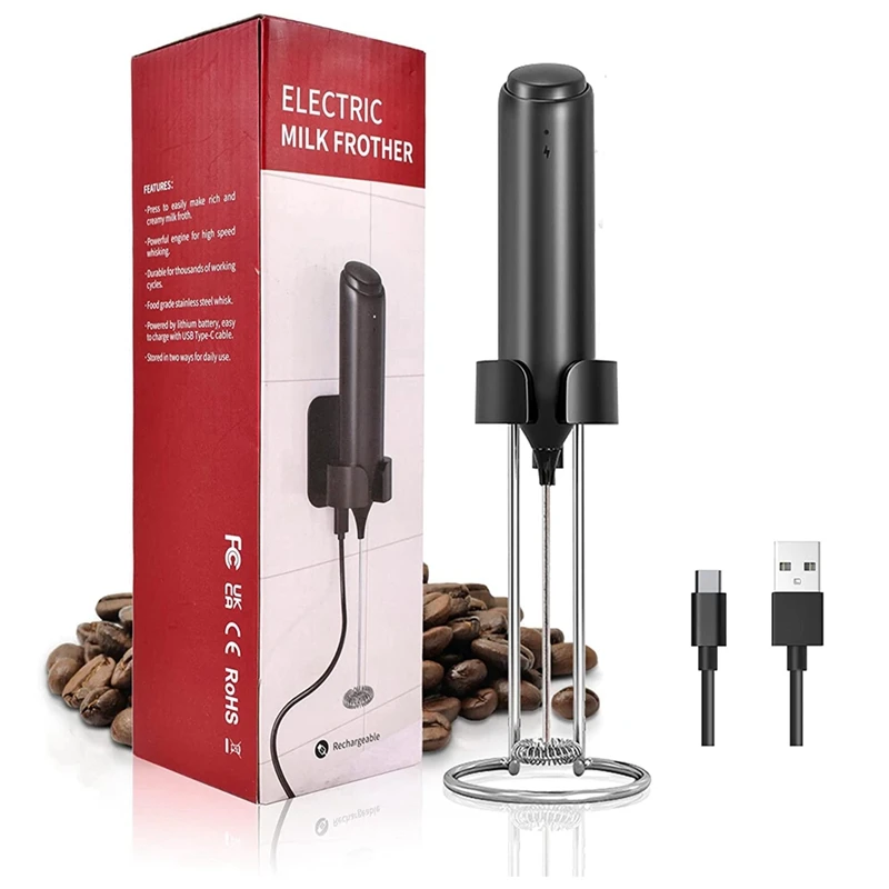 

Milk Frother Handheld Mini Milk Foamer Electric Whisk Drink Mixer Foam Maker USB Rechargeable Wall-Mounted Stand