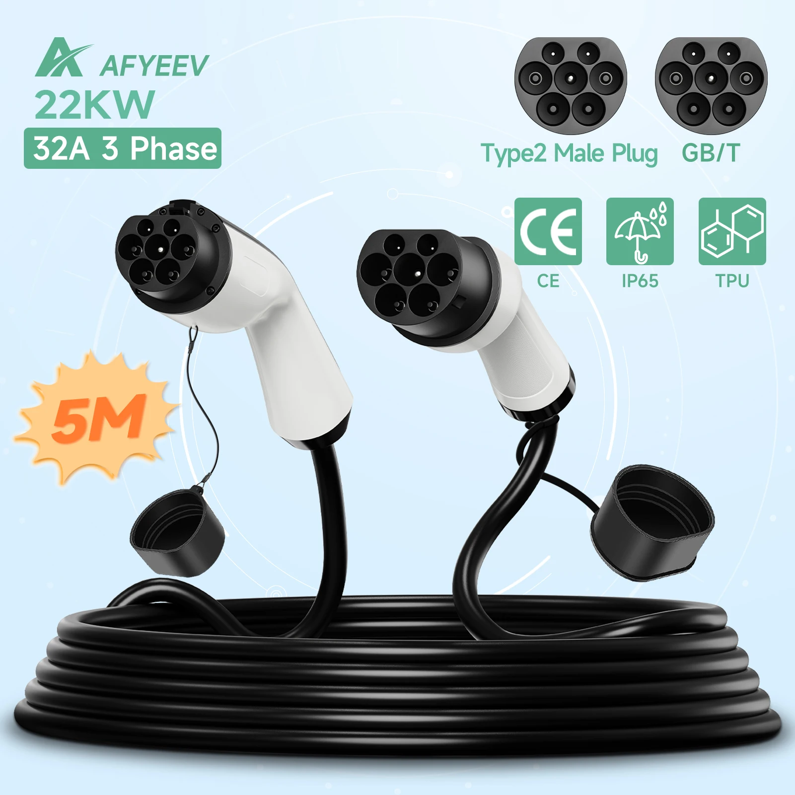 AFYEEV 22 кВт EV зарядный кабель GB/T разъем для автомобиля Тип 2 IEC 62196 штекер EVSE зарядная станция Тип 2 до GB/T 16A 3 фазы