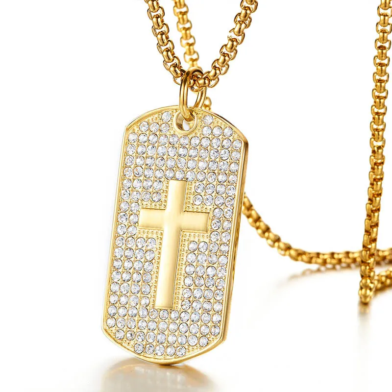 

Newest Fashion Accessories Gold Plated Diamond Crystal Dog Tags Pendant Necklace Stainless Steel Jewelry Gift