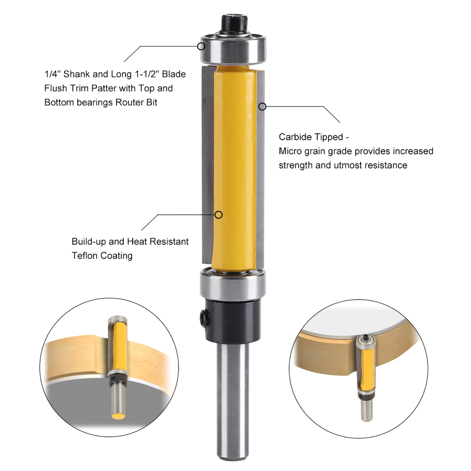 Flush Trim Router Bit 1‑1/2inch H * 1/4inch Shank with Top and Bottom Bearing Woodworking Tool Straight flush trim router bit