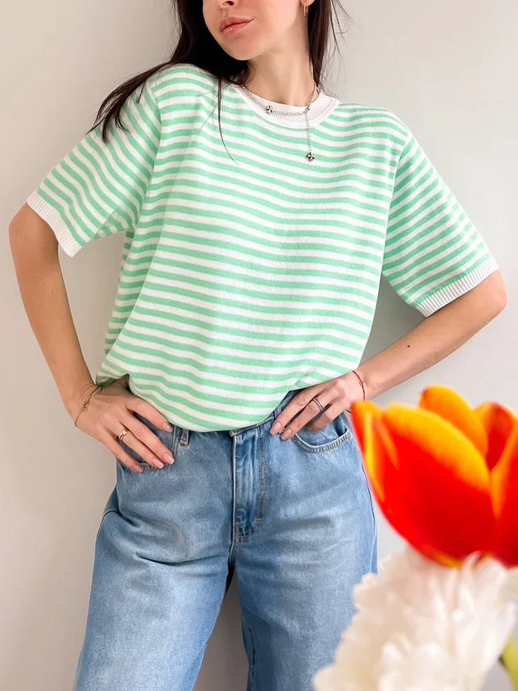 

Basic Knitted Striped T-shirt for Women 2024 Summer Soft O-neck Short Sleeve Knit Top Korea Women's T-Shirt Knitwear fit Tees