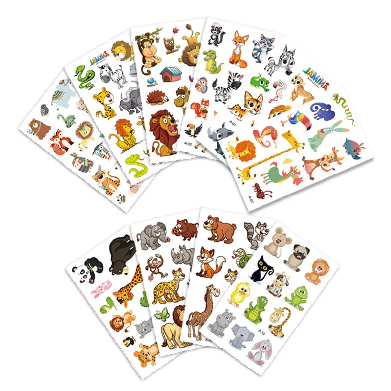 10 Pcs/Set Fake Tattoo Stickers Cartoon Animal Temporary Tattoos Kids Arms DIY Body Art Cartoon Collection dog coffee set dress up ear headband kids suit case animal tail gloves fabric cosplay tutu skirt fake nose child role outfits