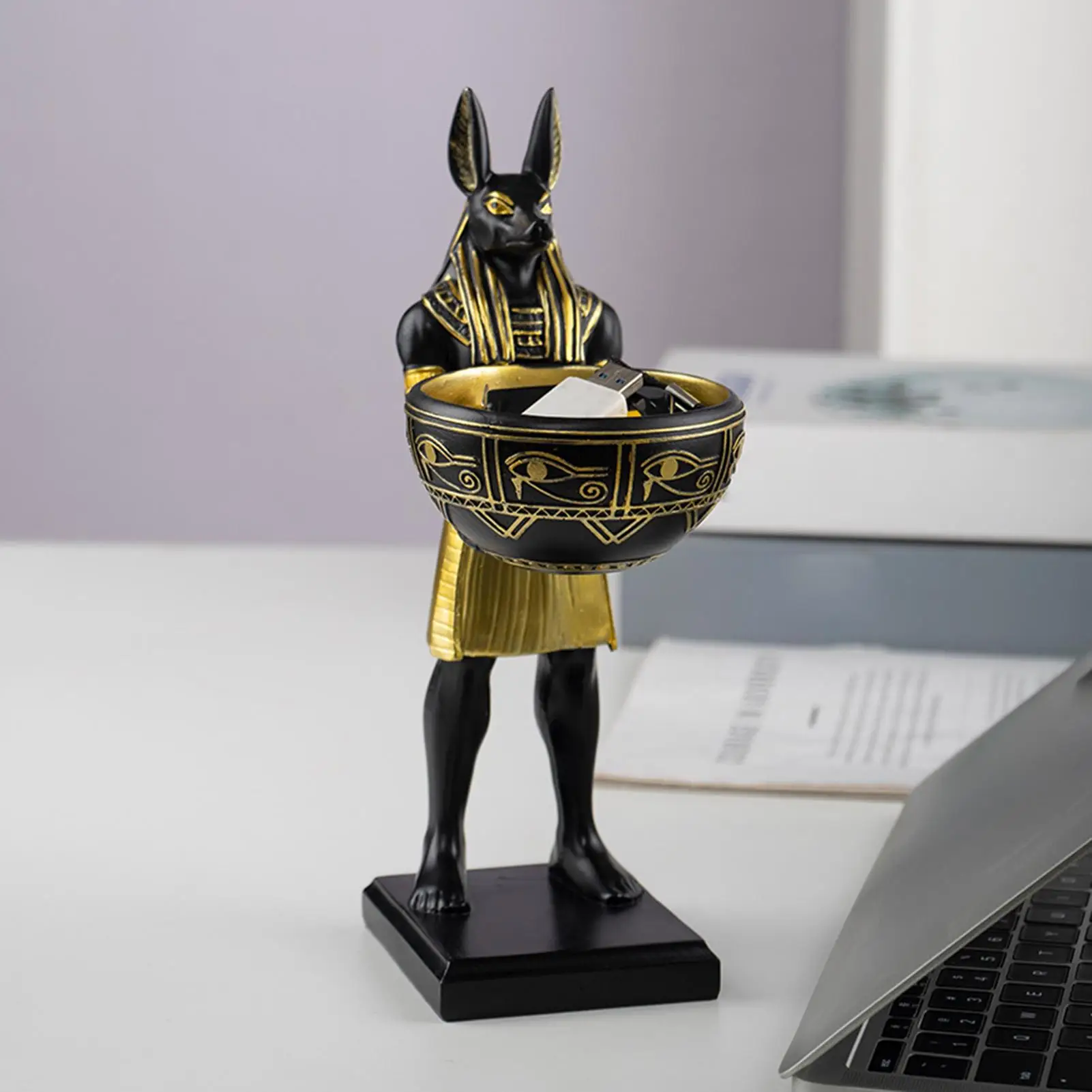 Dog Statue Decorative Resin Animal Sculpture With Bowl Egyptian Dog Desktop Ornament For Living Room Bedroom Shelf Table Study