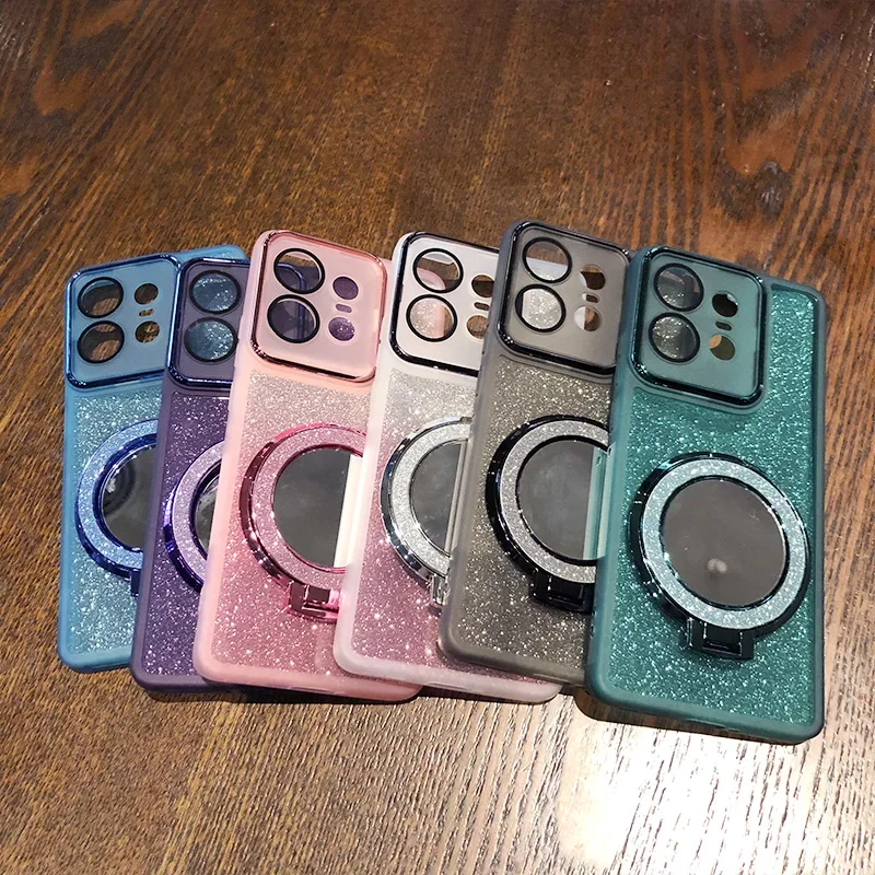 Glitter Magnetic Silicone Soft Case with Mirror Stand and Protector Cover