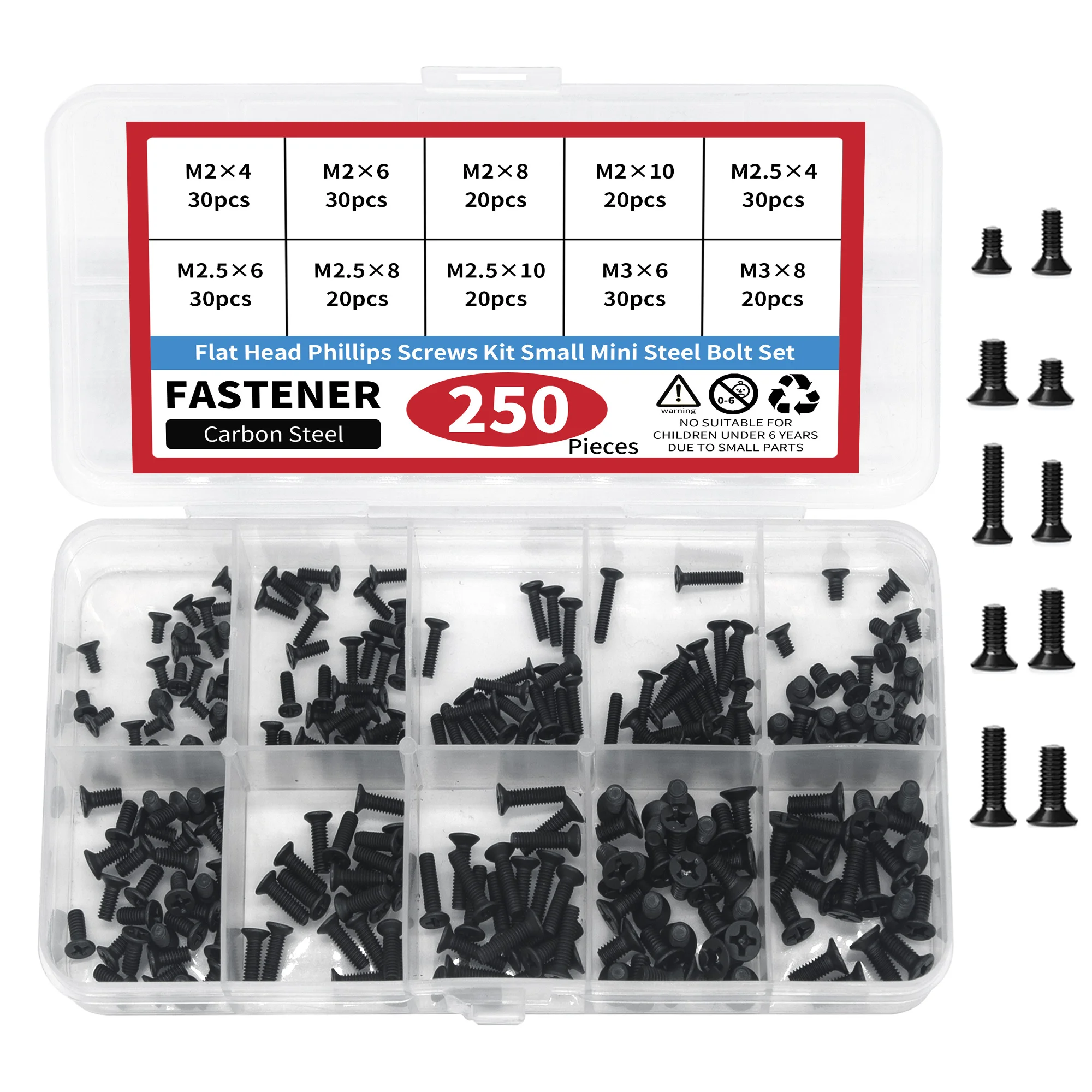 Precision Flat Head Phillips Screws Kit - 250-Piece Set for Electronics and Computer Repairs