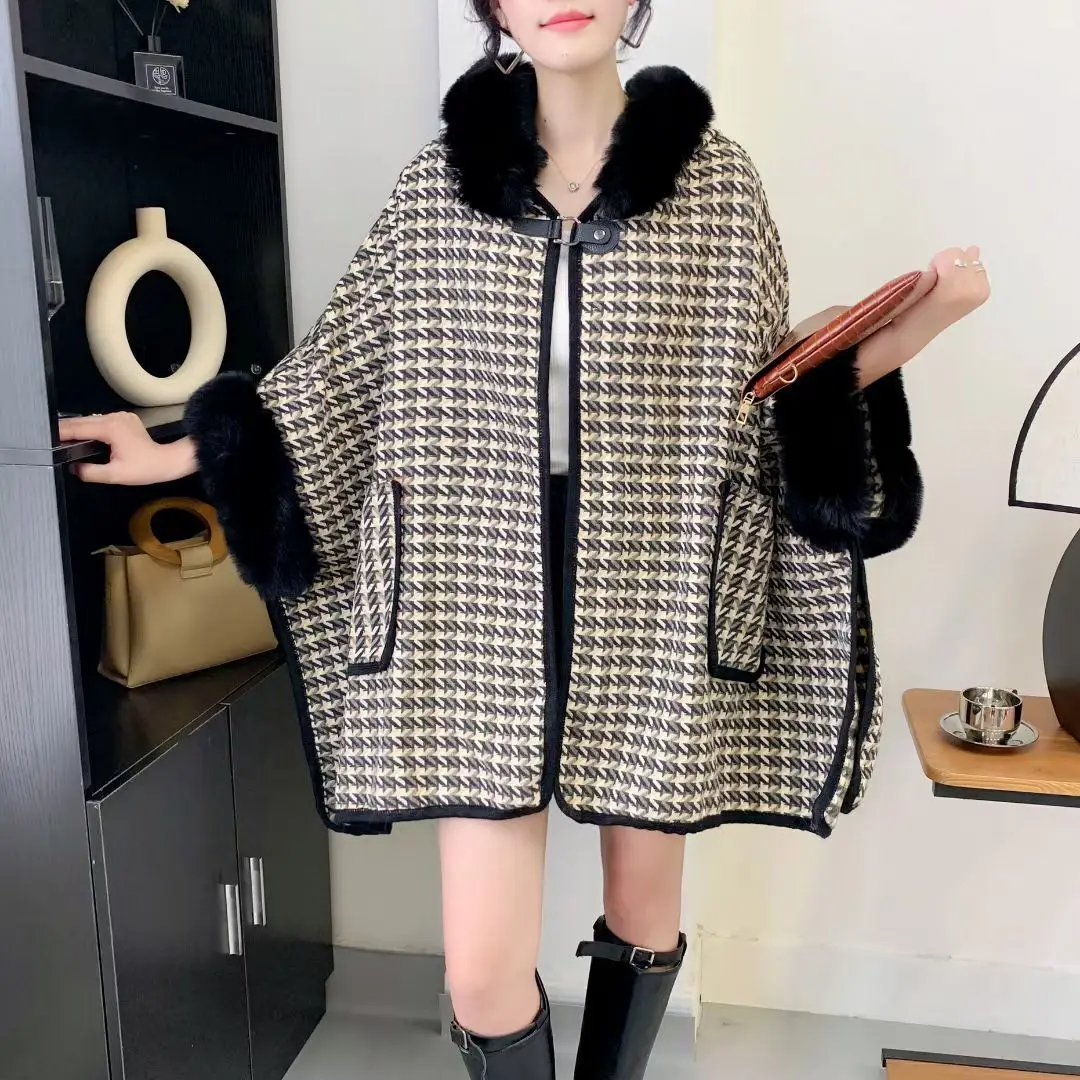 5 Colors Fashion Women Loose Cloak Houndstooth Designer Long Streetwear Faux Rabbit Fur Hat Horn Button Poncho Coat With Pocket