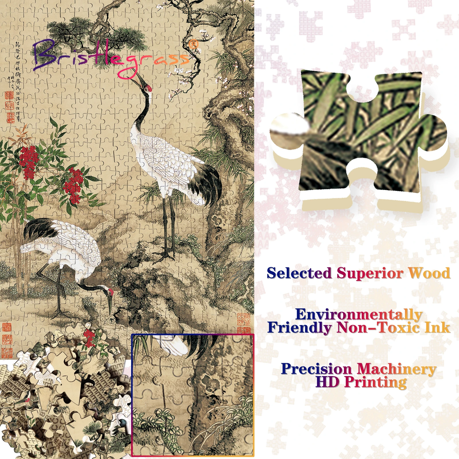 BRISTLEGRASS Wooden Jigsaw Puzzles 520 1000 Pieces Pine Plum Blossom Crane Qing Dynasty Chinese Painting Collectibles Toy Decor