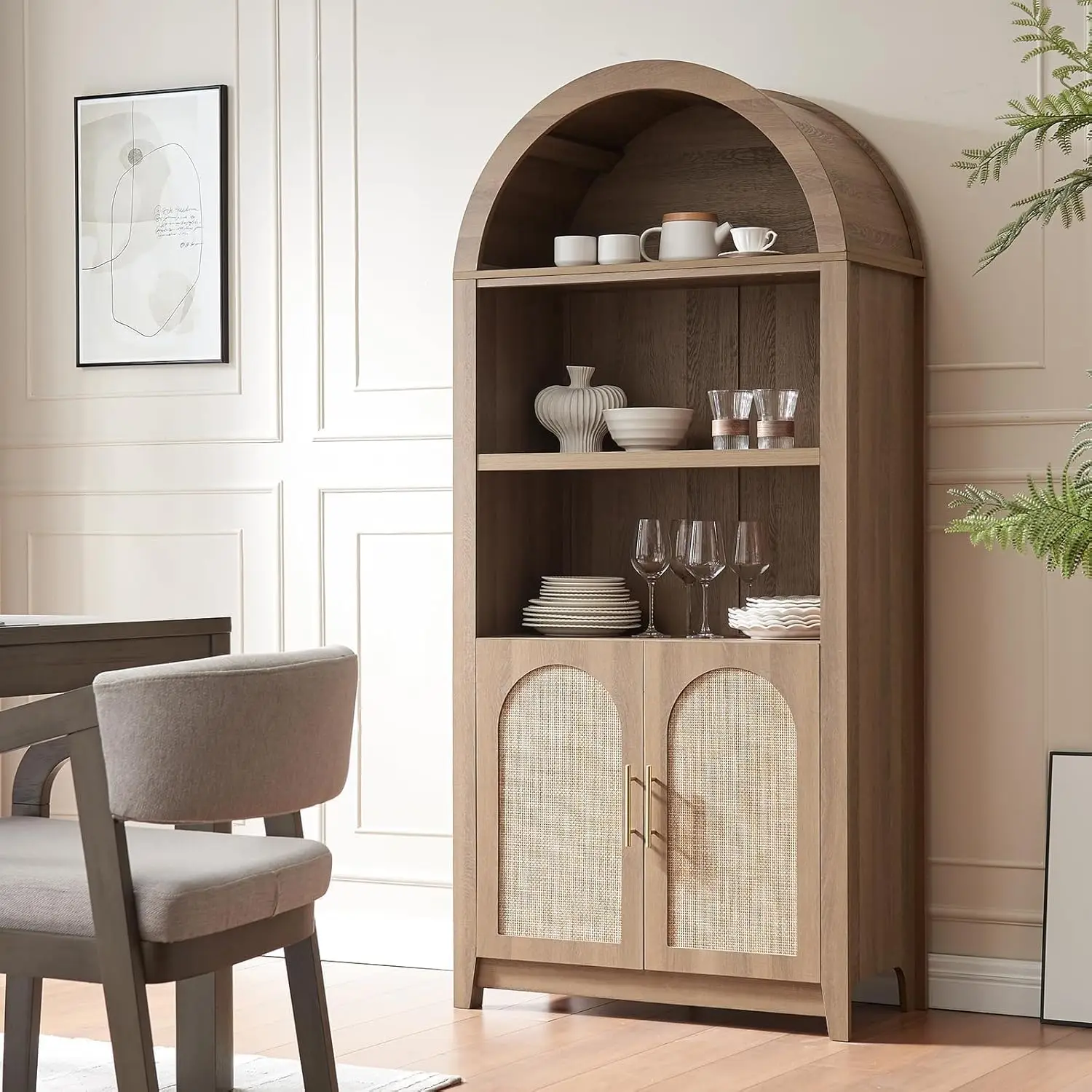 Arched Cabinet Bookshelf Bookcase - 69.3” Tall Mid Century Arched Display Cabinet, Rounded Bookshelf with Rattan Doors, Open