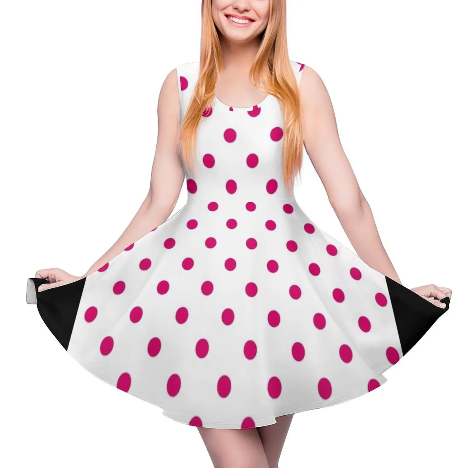 Medium Dark Hot Pink Polka Dots on White Sleeveless Dress Aesthetic clothing sexy dress
