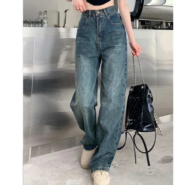 Jean à jambes larges pour femmes, taille haute, contrasté, jambe droite, pantalon ample, Streetwear, automne 3