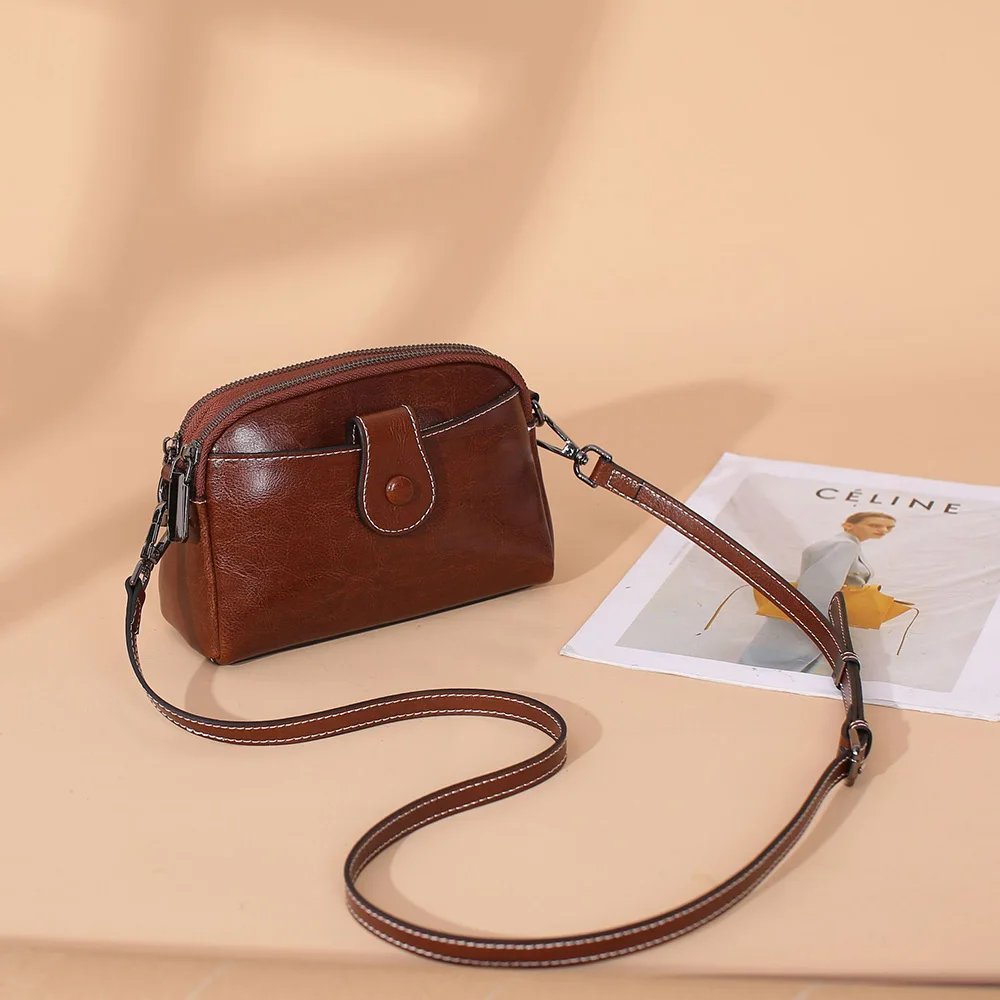 

2023 Mini Women Shoulder Bags Retro Real Leather Messenger Bag Double Layer Zip Female Crossbody Bag Excellent Cowhide Handbags