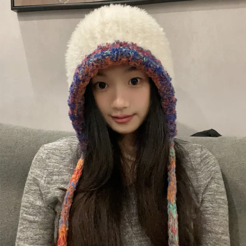 

Korean Thickened Ethnic Plush Bomber Hat Autumn and Winter Warm Versatile Ear Protection Show Face Small Cute Straps Women's Cap