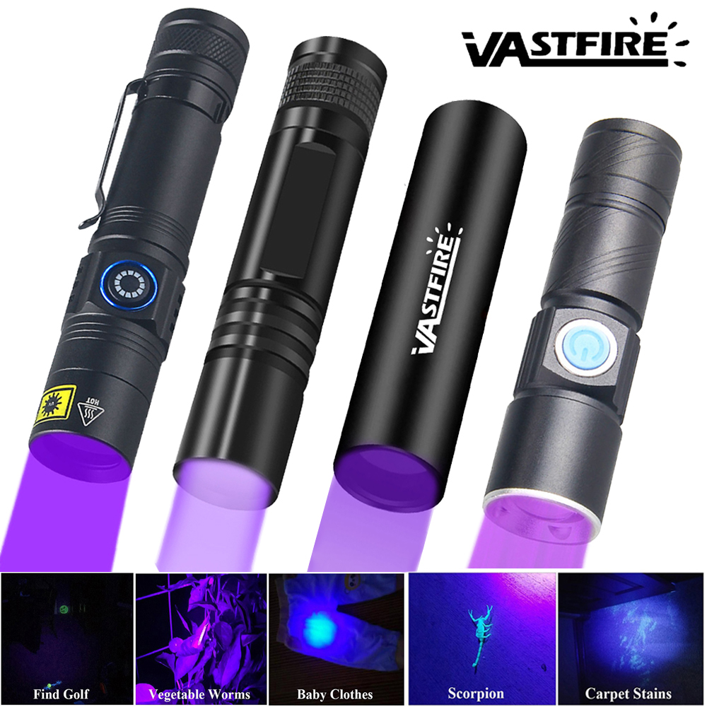 Mini UV Flashlight USB Recharge 365/395nm Ultraviolet Torch Purple Light Blacklight Pet Urine Scorpion Stains Detector Hunting