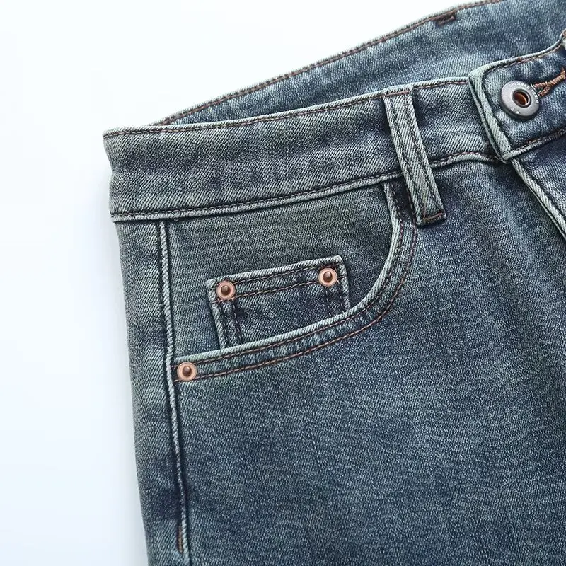 Jenny&Dave Fashionable Women's Casual Trousers With Fleece Winter Plush Jeans Girls Vintage Blue Denim Pants