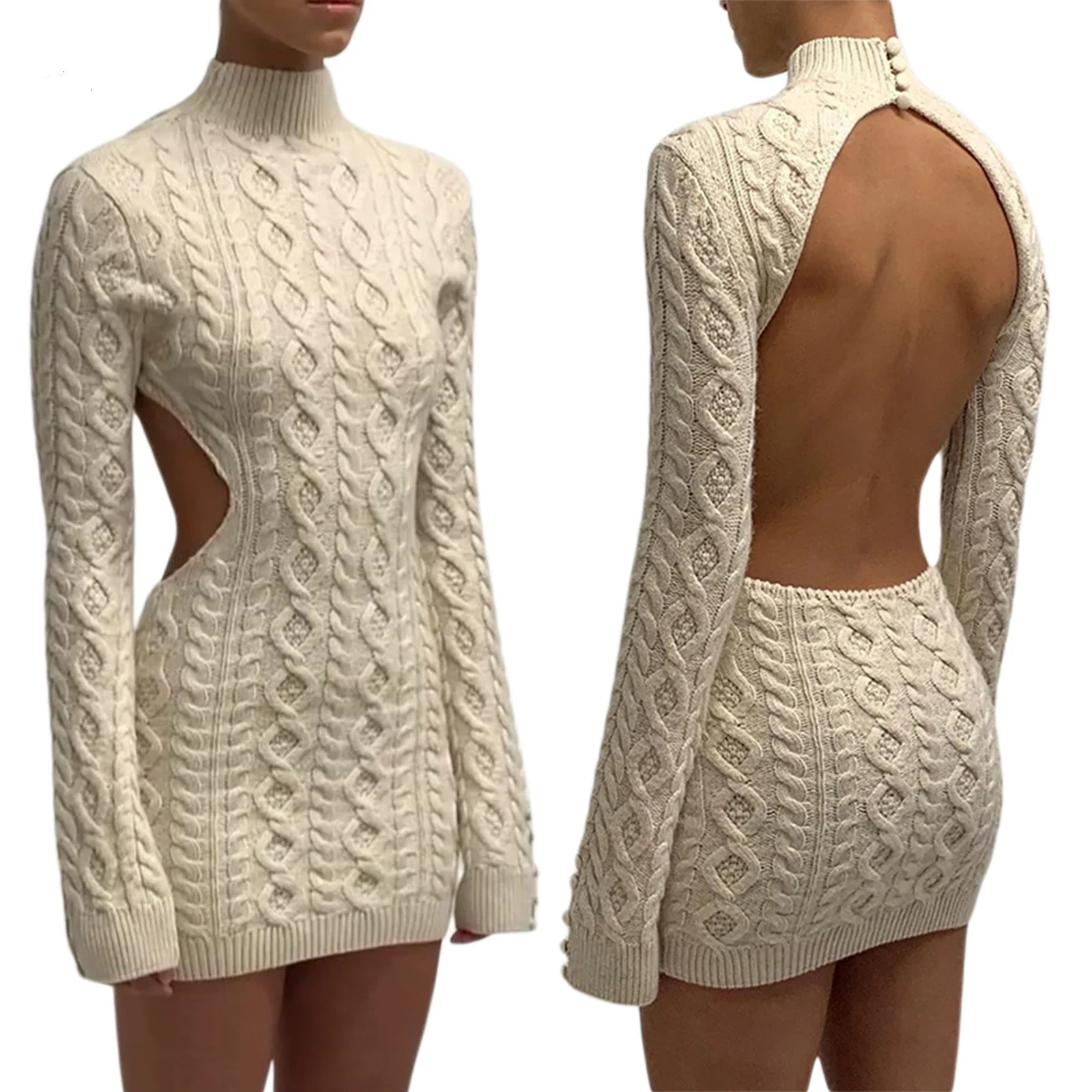 

New Women Close-fitting Sexy Backless Knitted Dress Beige Solid Color Turtleneck Long Sleeve Pullover Tops Slim Dress