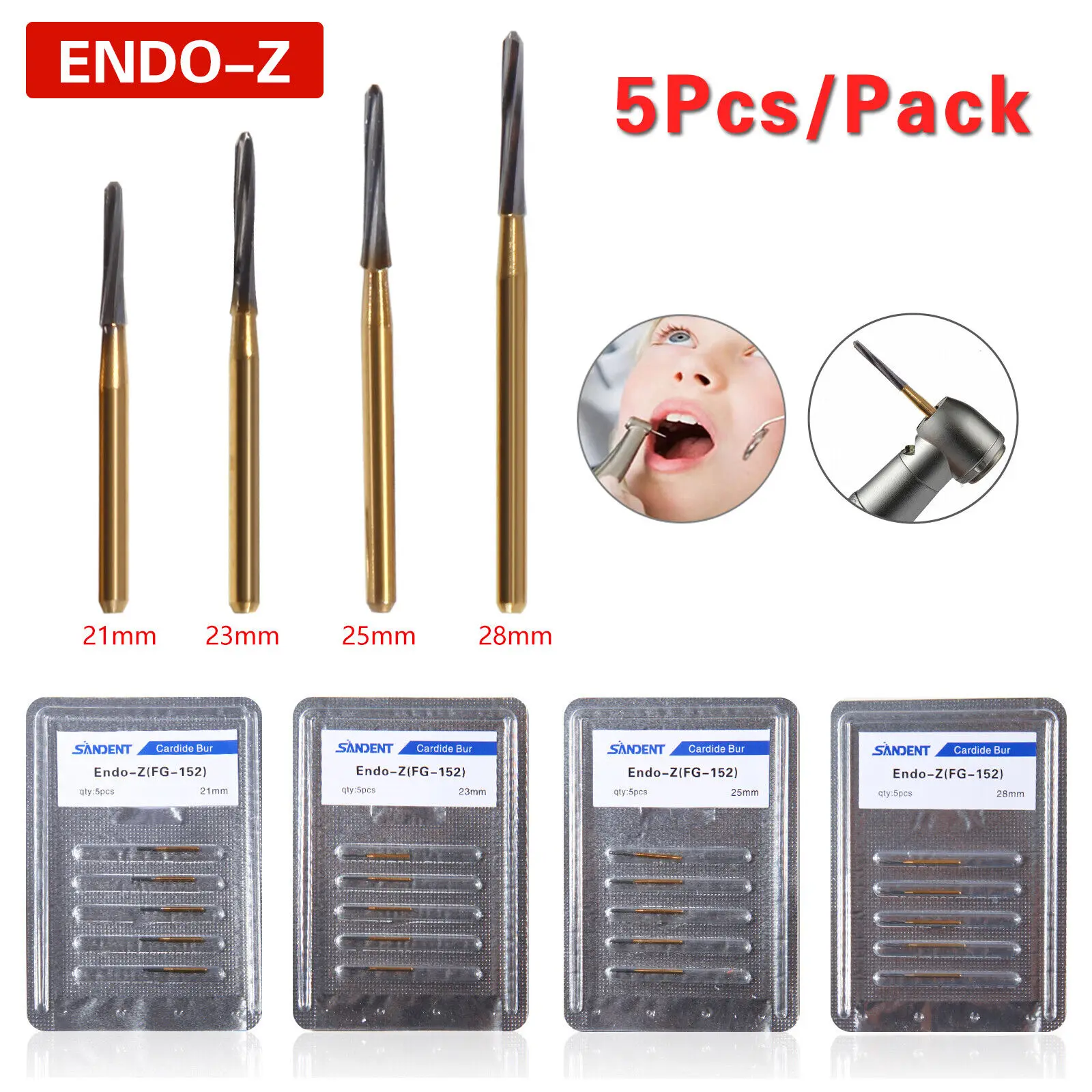 

5PCS/1Pack Dental Lab Drill Carbide Tungsten Steel Finishing Burs FG ENDO-Z Burs 21/23/25/28MM For High Speed Handpiece