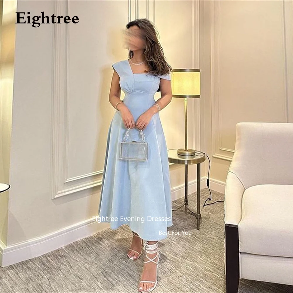 

Eightree Vintage Sky Blue Prom Dresses A Line Tea Length Satin Pleat Formal Evening Dresses Abendkleider Dubai 2023