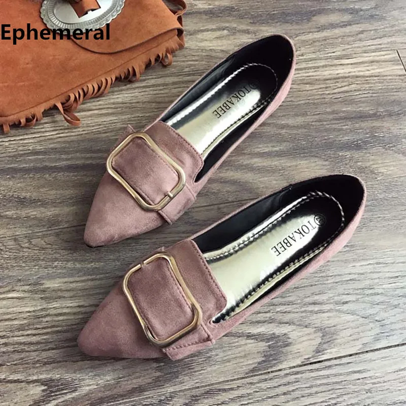 Lady Court Tacons Moccasin Low-Top Flock Flats Pointed Mujer With Belt Buckle Plus Size 48-33 Grey Black Pink Shoes Comfortable