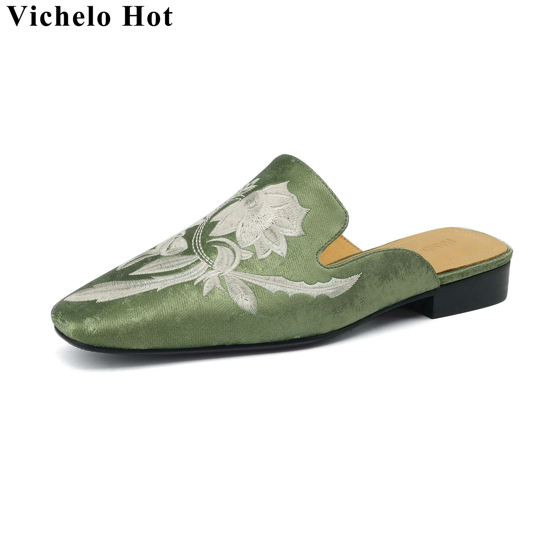 

Vichelo Hot Cow Leather Sandals Square Toe Slingback Casual Slides Embroider Elegant Mules Chunky Heels Women Outside Slippers