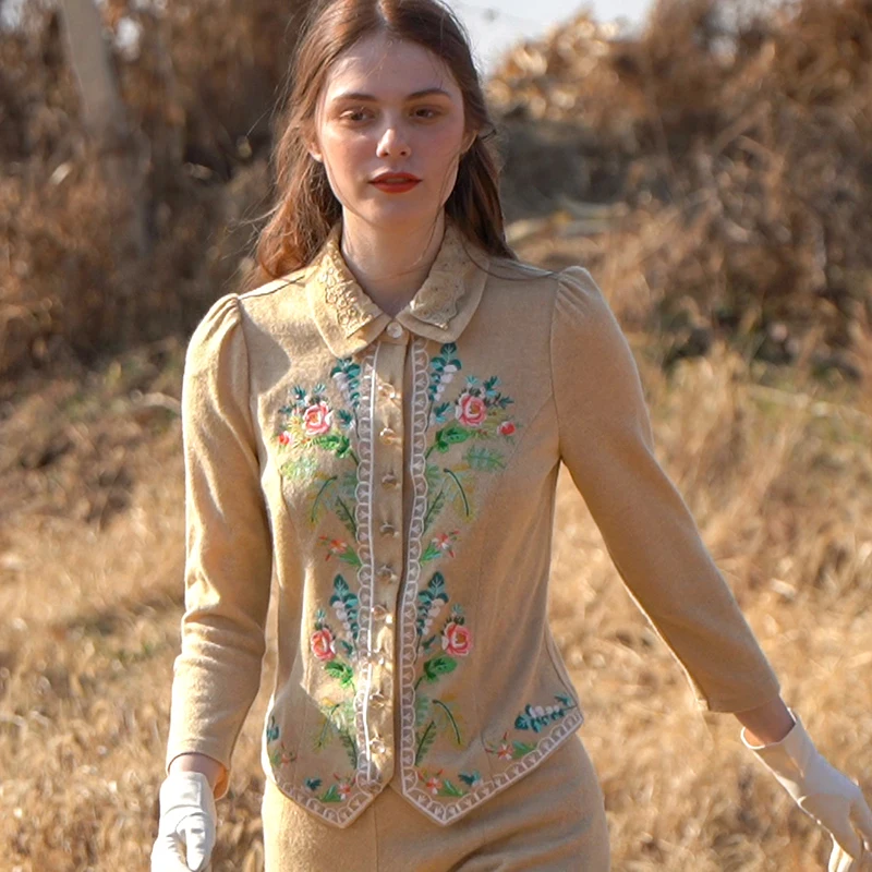 86-94cm Bust Spring Fall Short Jackets Coats Women Vintage Elegant Slim Embroidery Rose Single Breasted Long Sleeve Knitted Coat 1