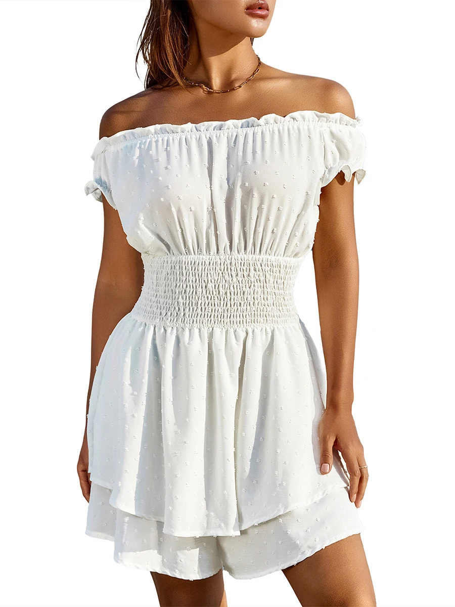 

Women Off The Shoulder Ruffle Dress Layered Puff Sleeve Mini Dress With Integrated Shorts Long Sleeve Romper Shorts Dress Sexy