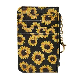 Leopard Pattern Leather Slim Card Wallet with Zipper - Unisex Coin Purse and Credit Card Holder, Ideal Gift (Style5 Sunflower)
