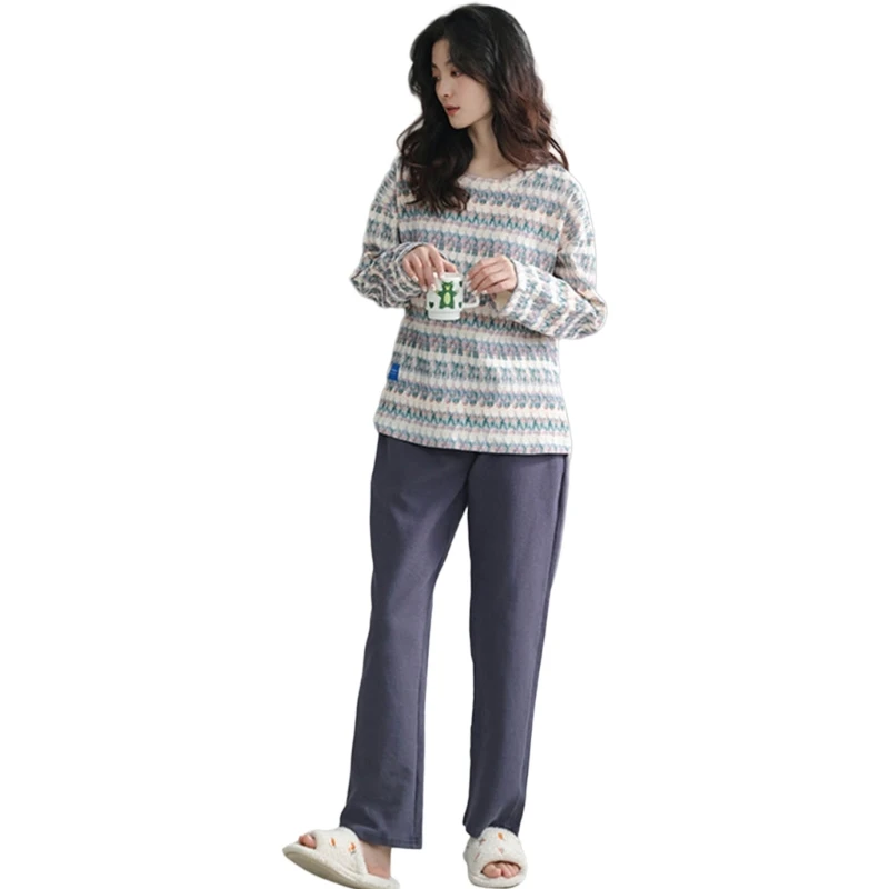 Womens Autumn Spring Loungewear Outfits Matching Pajamas Set Long Sleeve Crewneck Top and Pants Sweatsuit with Pockets