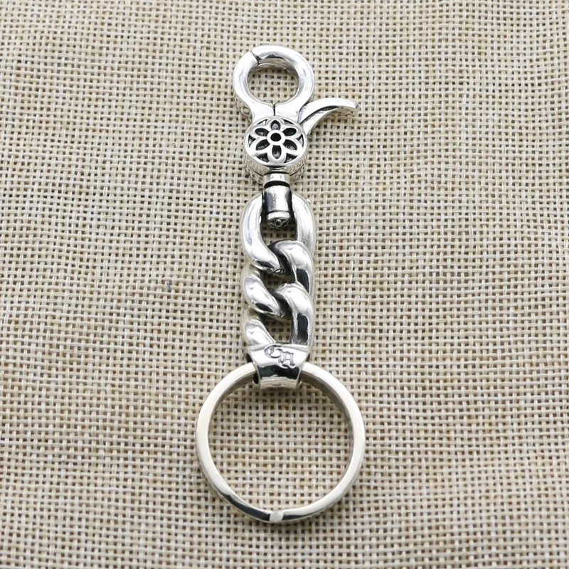 

European and American hip-hop high-end s925 sterling silver retro Thai silver keychain ring handcrafted personalized bag buckle