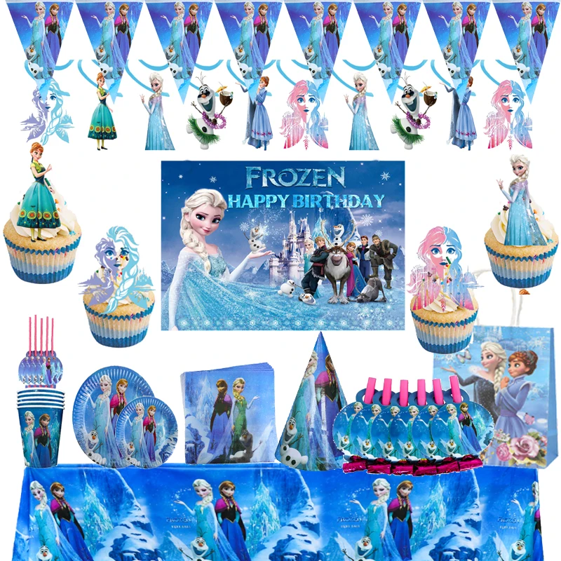 Decoración de fiesta de cumpleaños de Frozen de Disney, pancarta de fondo  de princesa Anna, Elsa, Reina de la nieve, globos de vajilla, suministros  de fiesta para niña