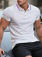 1pc hommes été confortable haut décontracté, à la mode classique Simple affaires décontracté bouton Polo t-shirt pour hommes 5