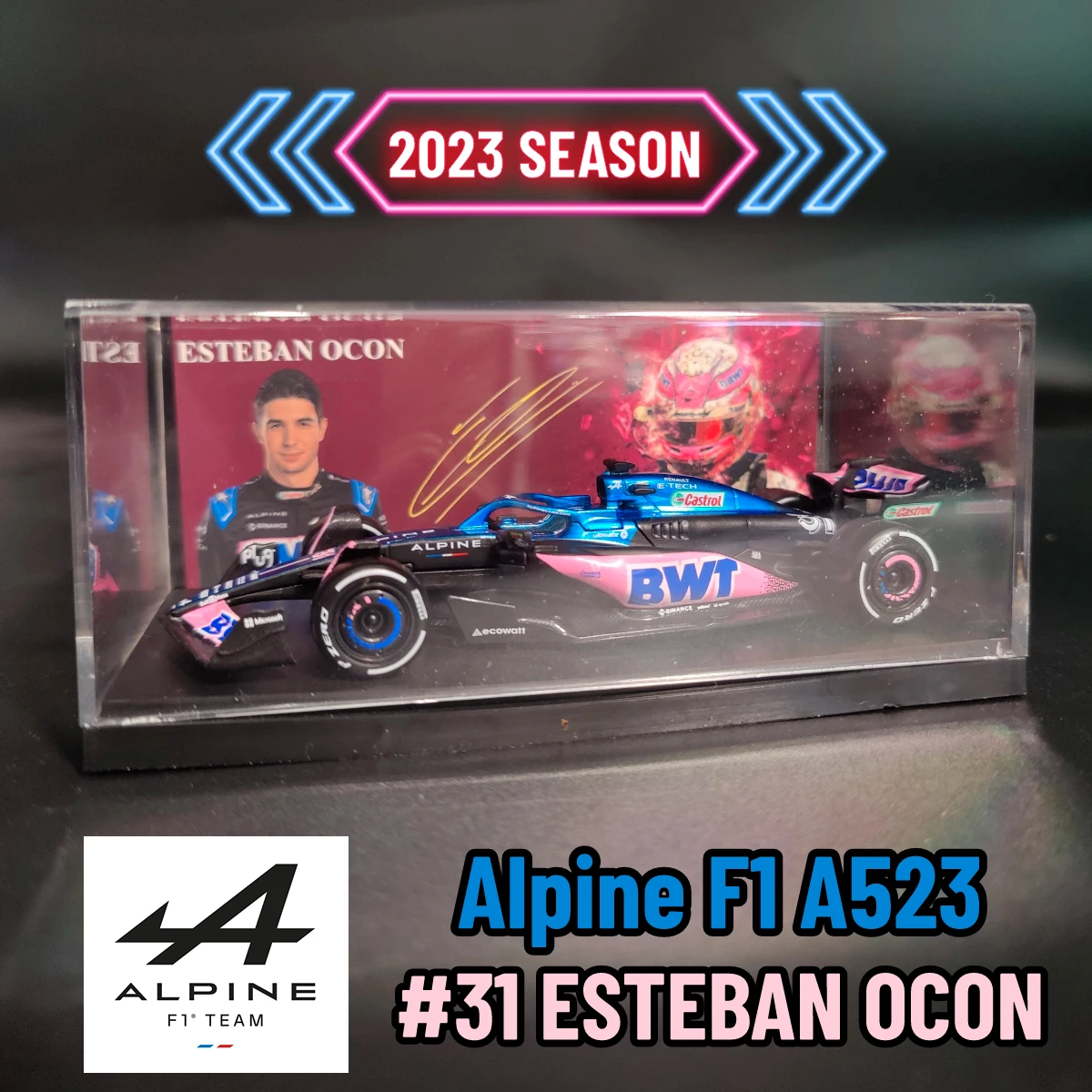 

Bburago 1:43 F1 2023 Alpine A523 Racing Car Model with Showcase Ocon Gasly Signature Replica Formula 1 Miniature Xmas Gift Toy