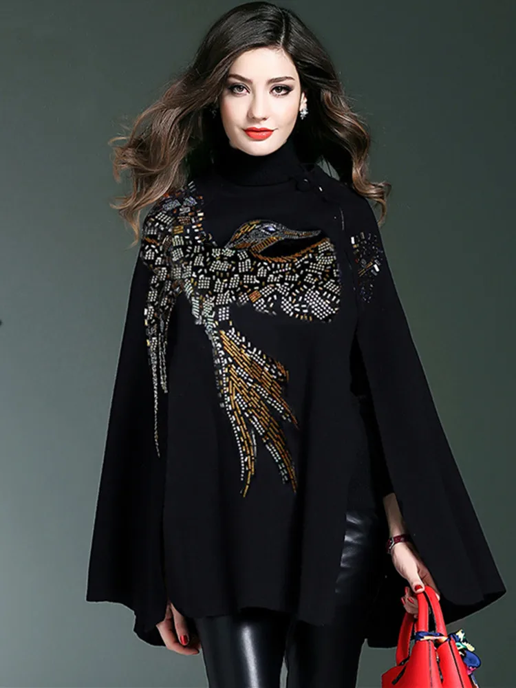 Women Stylish Knitted Cloak Coat Cape Jacket Loose Thick Bat-shaped Sweater Ponchos