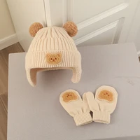 Cute Bear Pompom Baby Hats Gloves Set Cartoon Winter Knit Beanie and Mittens for Girls Boy Crochet Weather Caps Baby Accessories 3