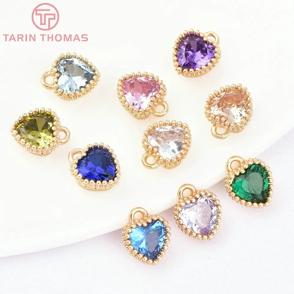 

(7539) 6PCS 6.5x8MM 24K Gold Color Brass with Zircon Heart Charms Pendants High Quality DIY Jewelry Findings Accessories
