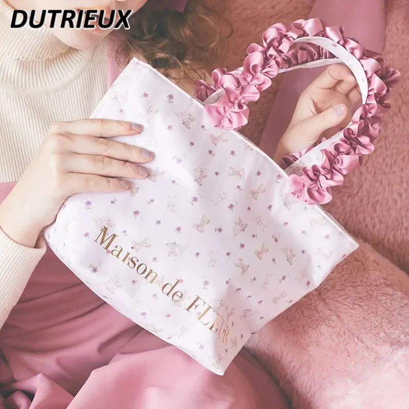 Printed Embroidered Women's Cosmetic Bags Bow Shoulder Makeup Wash Change for Ladies Fashion Sweet Cute Handbags Female