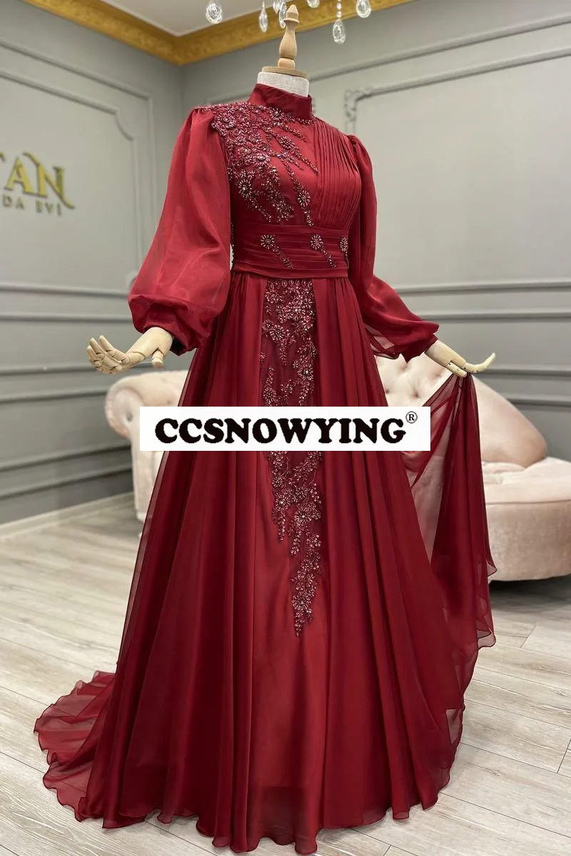 

Burgundy Chiffon Long Sleeve Muslim Evening Dress Moroccan Caftan Arabic Dubai Prom Formal Party Gown High Neck Robe De Soiree
