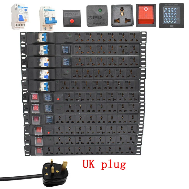 

19" Rack Mount INCH PDU Power Distribution Unit 5/6/7ways Rackmount for cabinet 2M ammeter Short circuit switch Universal socket