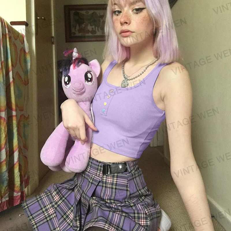 

Girlish Style Cute Rainbow Button Purple Vest for Women All-Match Crop-Top Spaghetti-Strap