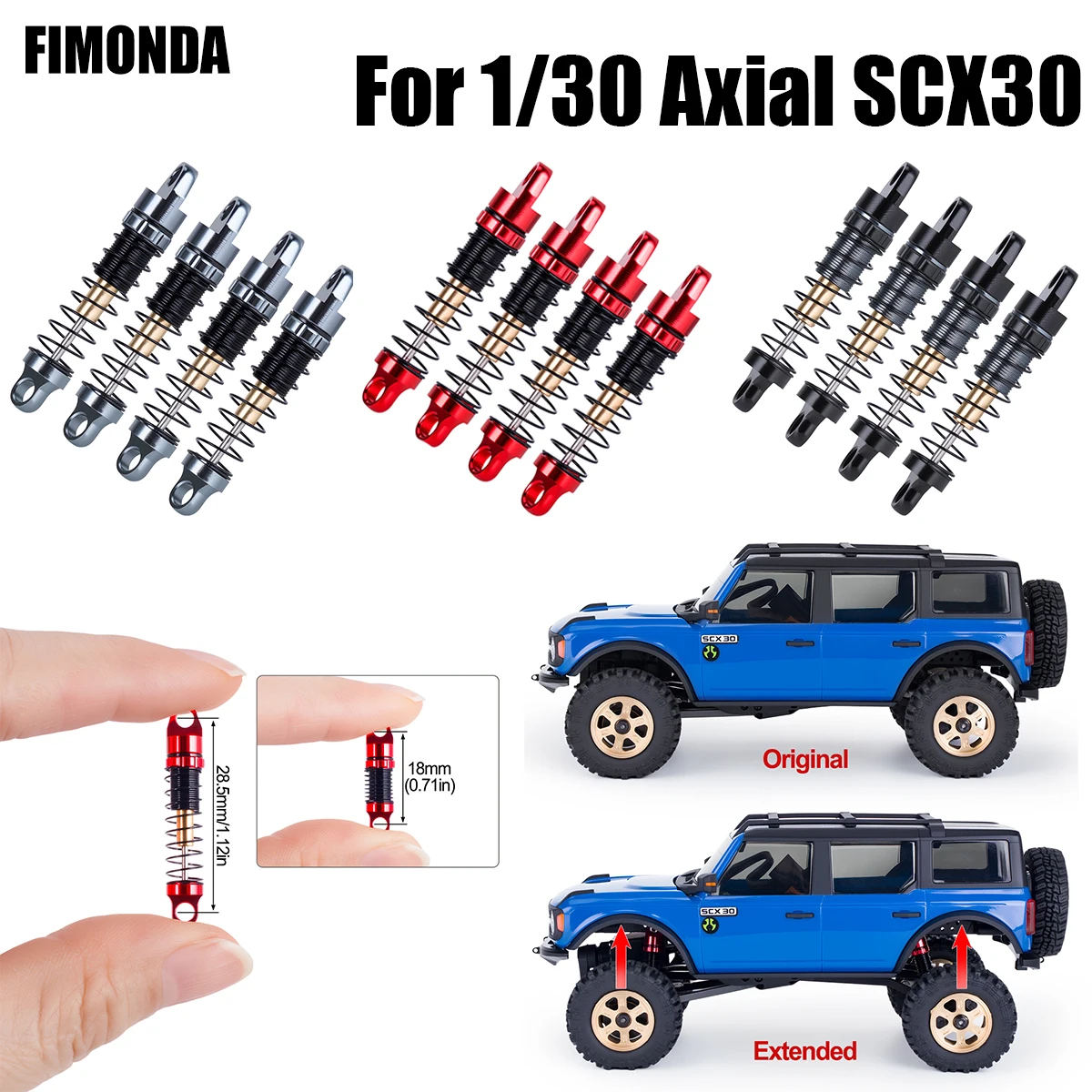 Axial SCX30 Aluminium-Stoßdämpfer-Set, 28,5mm mit 3 Federspannungen, Komplettes Fahrzeugkit für Leistungsupgrade